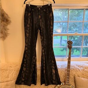 Rock & Roll Denim Black Flared Metallic Snake Print Pants
